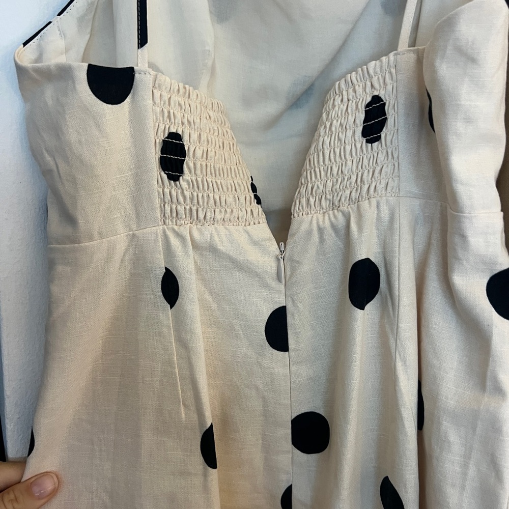 Sezane Cream Linen Midi Dress with Black Polka Dots
